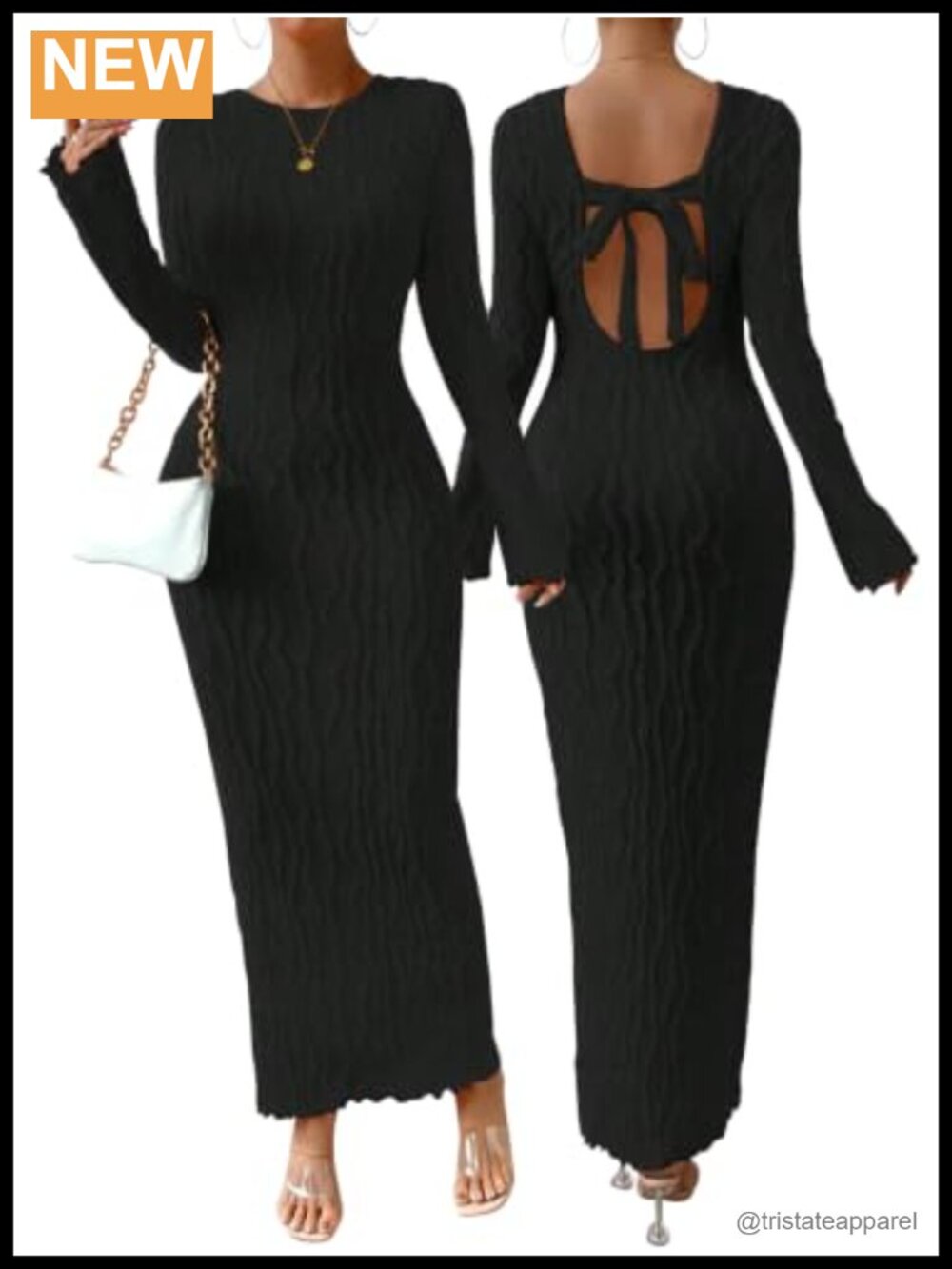 Long Sleeve Maxi Bodycon Backless Bow Tie Dress Textured Knit